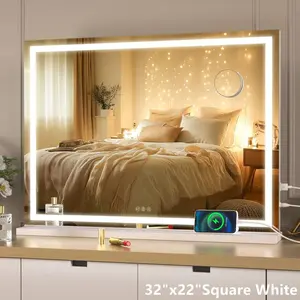 Vanity Mirror With Lights, 32" H.X 22"W. LED Makeup Mirror,Right Angle Lighted Makeup Mirror With Dimmable 3 Modes, Touch Screen Control Vanity Mirror Home Bathroom Decor Summer Makeup Organizer Bathroom Accessories Back To School