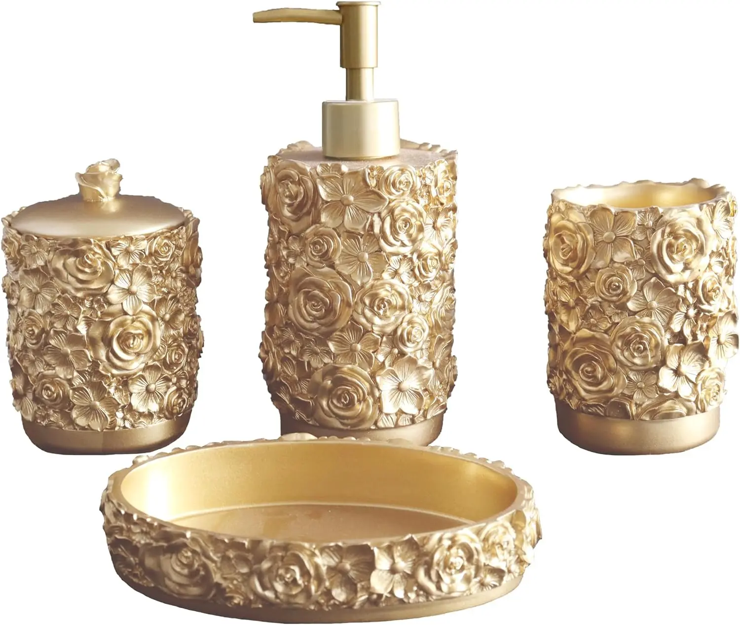 Gold Bathroom Accessories Set, Rose Design Bathroom Set Farmhouse Bathroom Decor,4 Pcs Resin Soap Dispenser