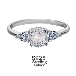 S925 Sterling Silver Three Stone Round Halo Firework Cut Ring for Women – Cubic Zirconia Pear Shape Ring, Light Luxury Niche Designer Jewelry, Stackable Birthday Gift for Her