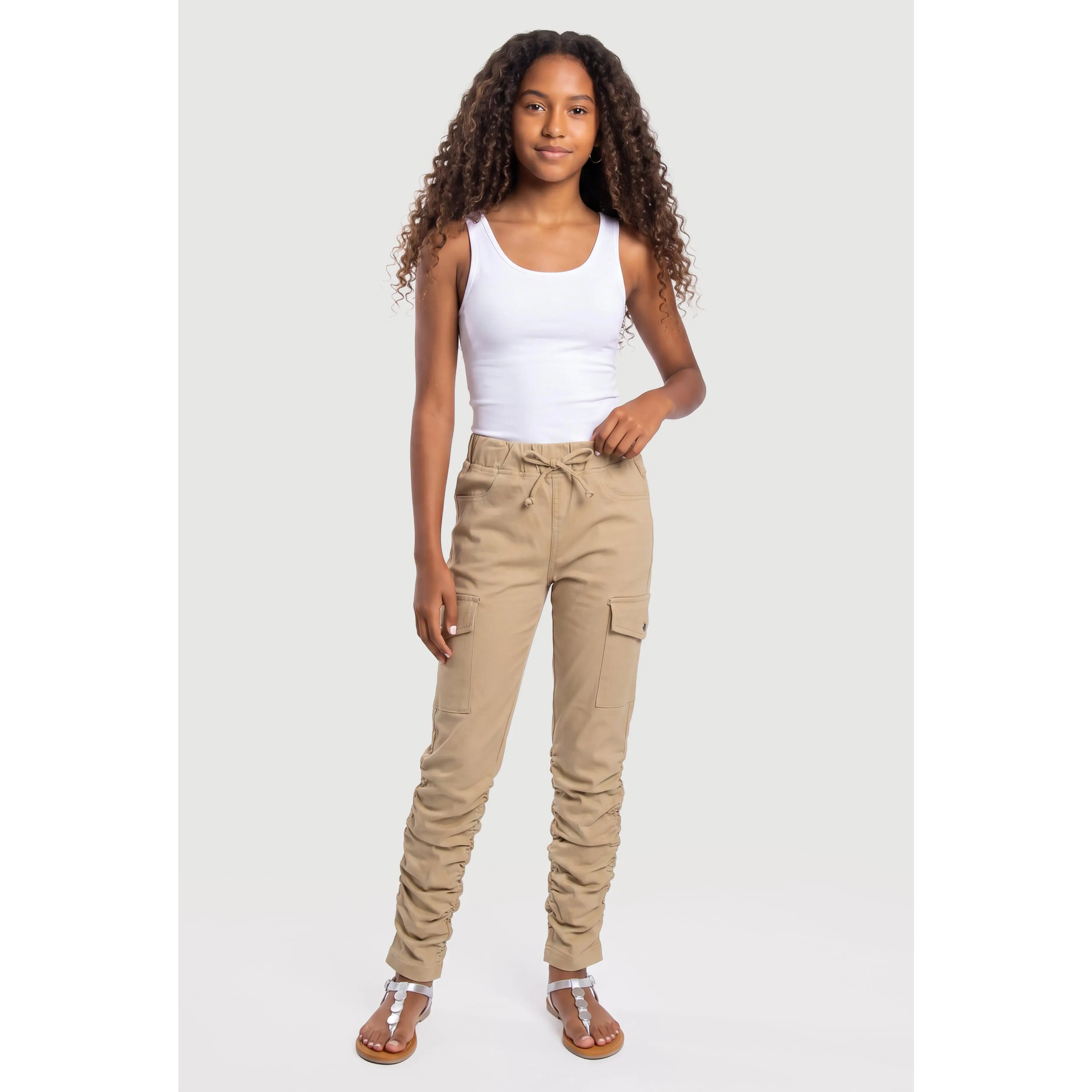 Girls Faux Drawstring Waist Stacked Cargo Pants
