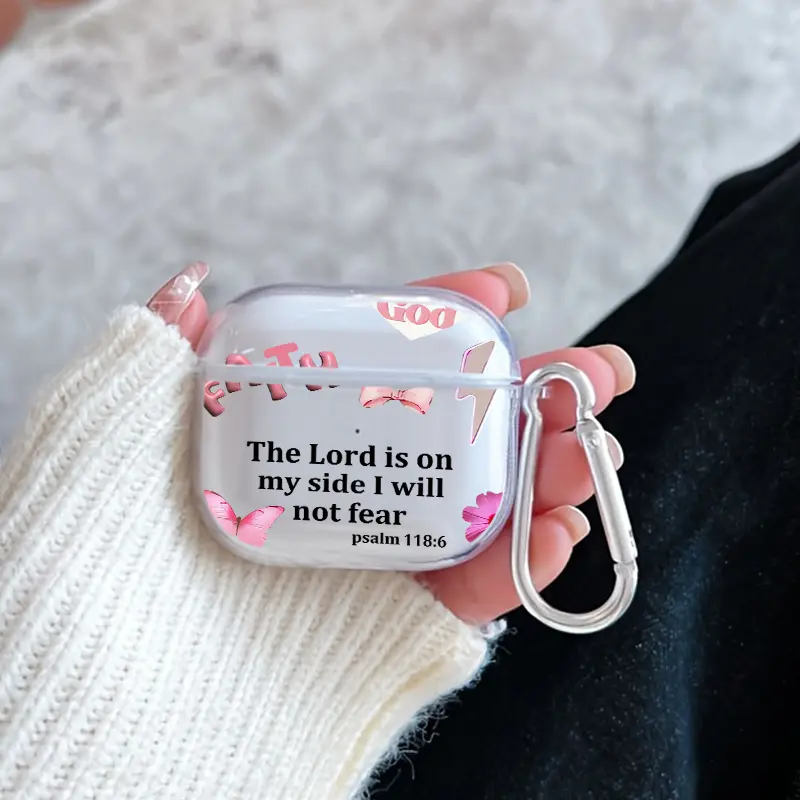 Faithful Lord Promise Pattern TPU Soft Protective Case for Apple AirPods 4/3/2/1/Pro/Pro2 Transparent Earphone Cover with Keychain Attachment
