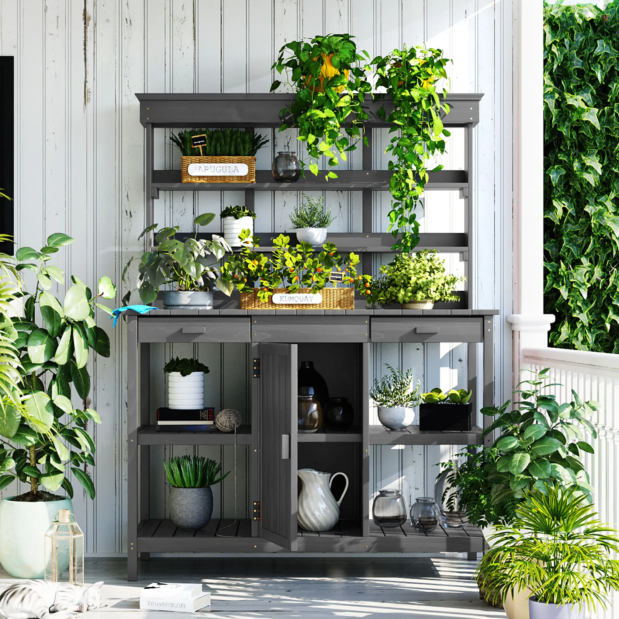 66-in Solid Wood Rustic Outdoor Farmhouse Potting Bench - 4-Layer, 2 Drawers, Storage Cabinet, Open Shelves, Stable Garden Workstation with Ground Nails for Backyard, Mudroom, Greenhouse, 50.2"L X 19.7"W X 66"H, Anti-Falling Safety Device