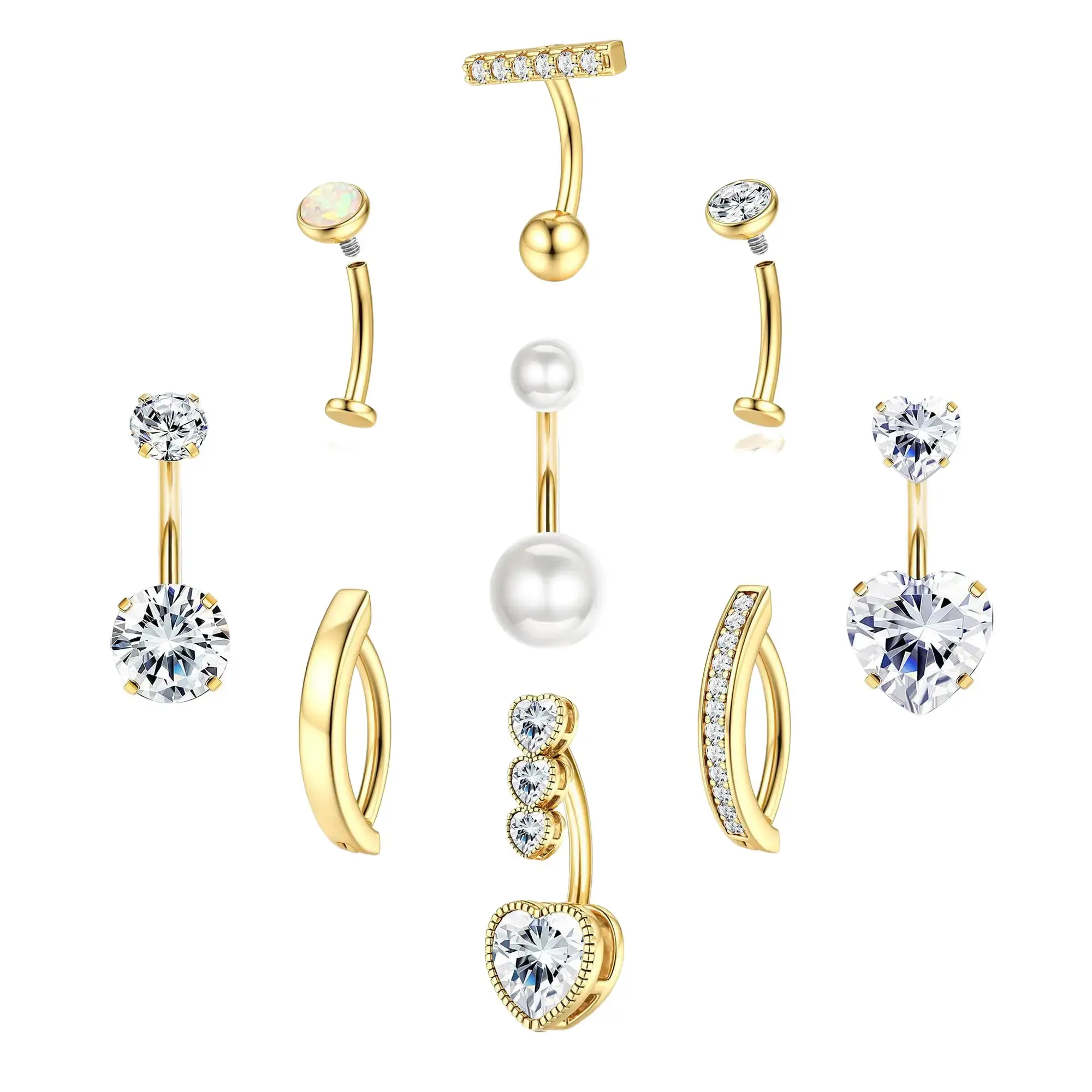 ORAZIO Female Belly Button Piercing Jewelry Pack - 9Pcs 14G Hypoallergenic Surgical Steel CZ, Opal, Pearl Clicker Floating Navel Piercing for Graduation, Anniversary