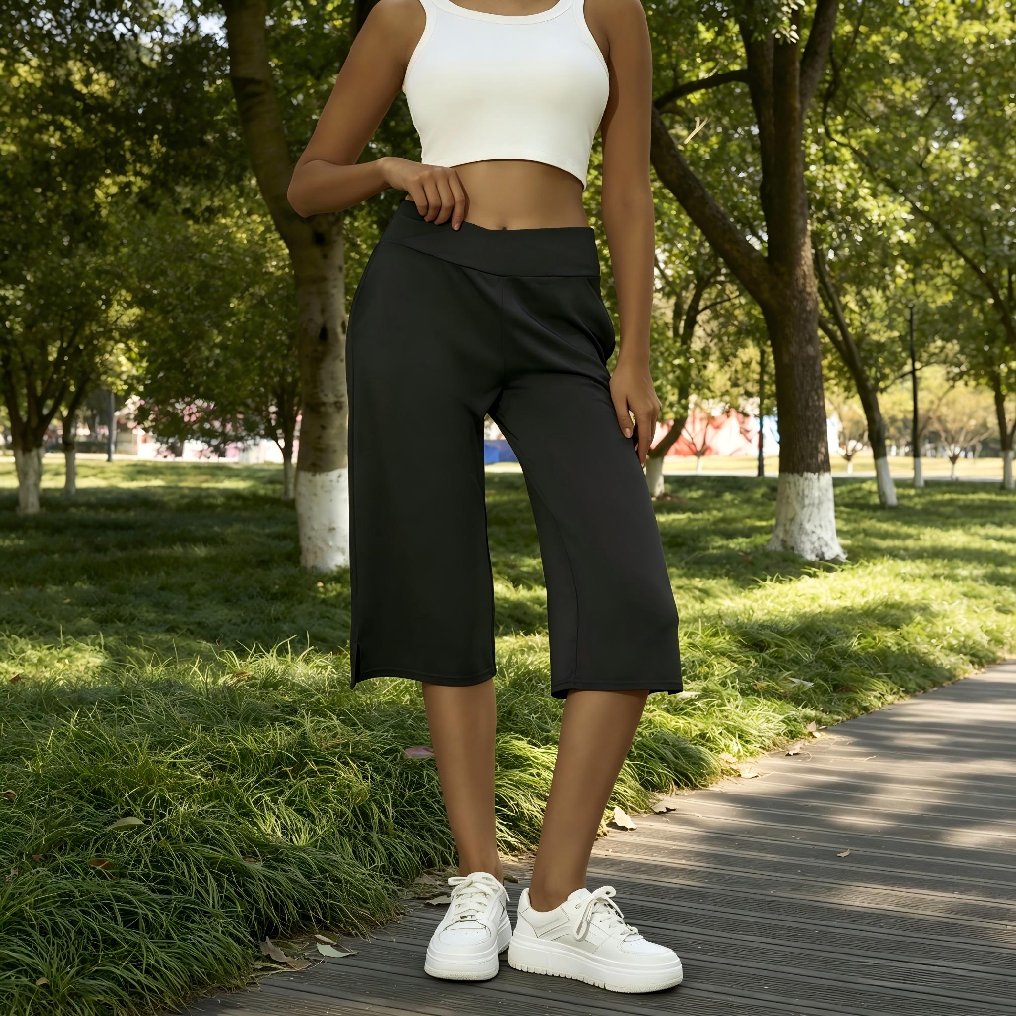 Women's Casual Tumny Contol High Waist Fited Wide Leg Capri Pants Buton Hem Loose Fit Cropped Trousers Summer Shorts Beach Vacation Lounge Daily Work Outfits Solid Black Stretchy, Soft, Breathable, Lightweight, Elastic Spring Break Plus Size