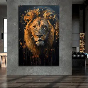 [UNFRAMED POSTER] Huge Gold Lion Poster Wall Art Dark Decor for Apartment Regal Appearance Wild Animal Wall Decor, Room Decor