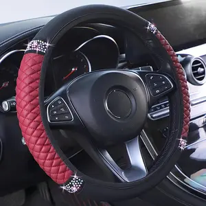 Bling Soft Leather Steering Wheel Cover 15 Inch with Sparkly  Rhinestones for Women and Girls - Elastic  Accessory for   ( Red)