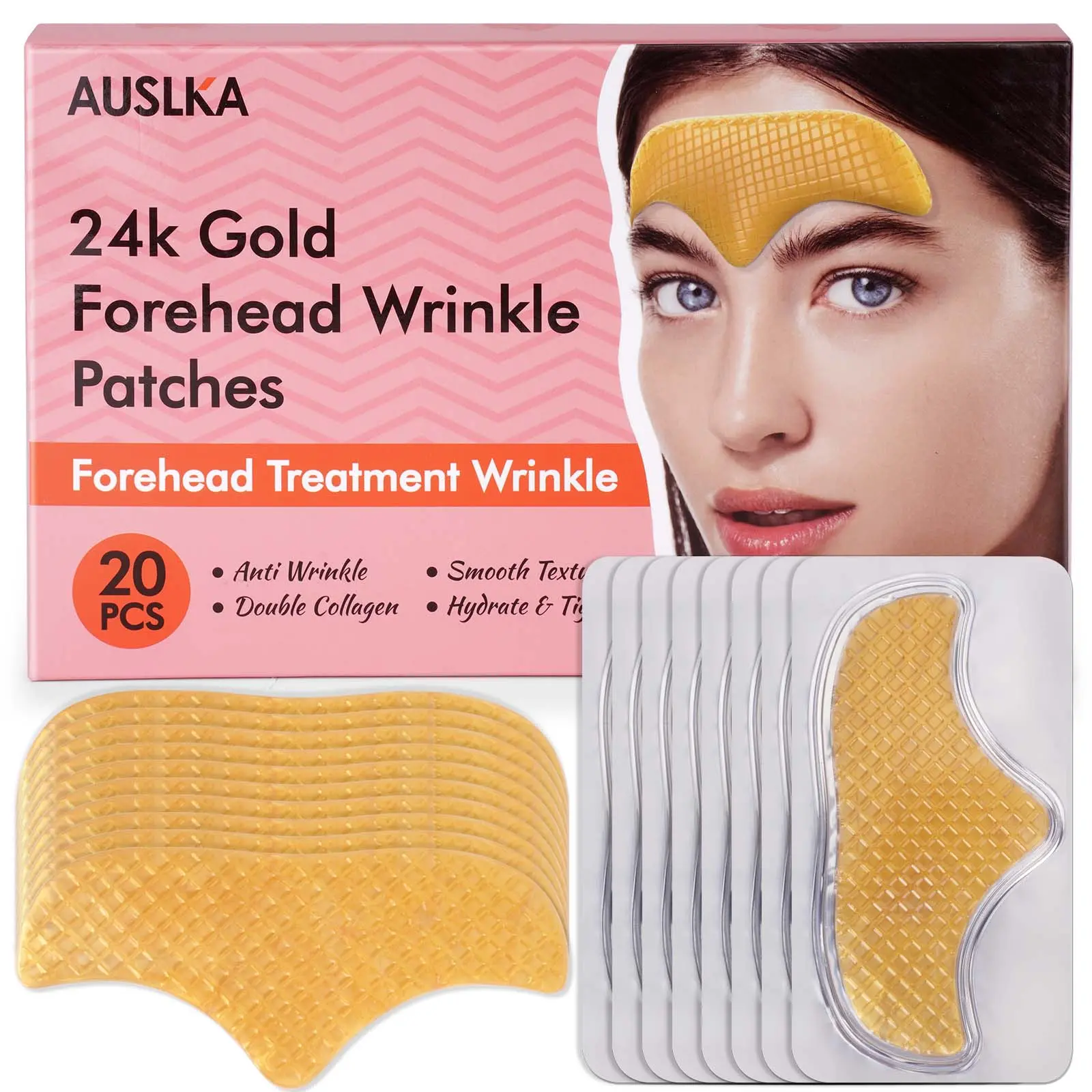AUSLKA 24K Gold Hydrogel Patches (20 PCS) - Forehead Wrinkle Patches,Collagen Anti Wrinkle Boosting Elasticity