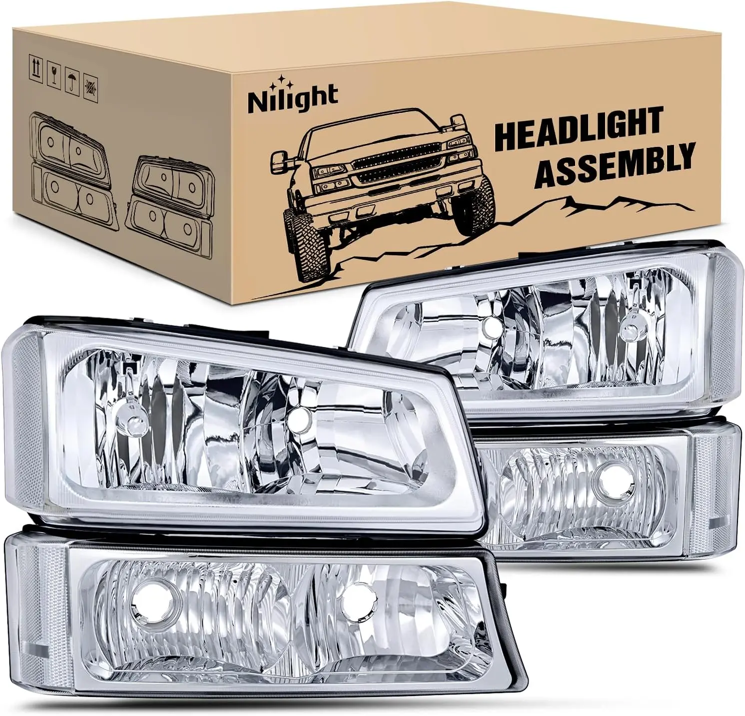 Nilight Automotive Car Lights Headlight Assembly for 2003-2006 Chevy Silverado, Avalanche 1500, 1500HD, 2500, 2500HD, 3500 Pickup Replacement Headlamp Housing & Bumper Lamp Set, Carlights