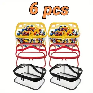 6 Pack Clear Toy Storage Bags - 9.4 x 6.7 x 4.3 Inch Transparent PVC Toy Organizing Bags with Zipper- Waterproof Toy Storage Organizer Pouch for Building Blocks, Small Toys (Red, Blue, Yellow)