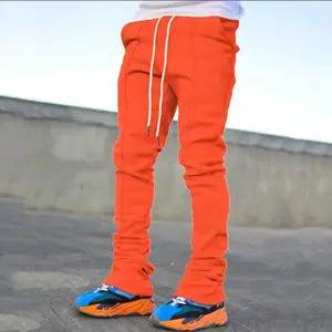 Men’s casual sweatpants for summer 2024, solid color, new design, custom flare, street wear, men’s pile-up stacked pants, menswear trousers
