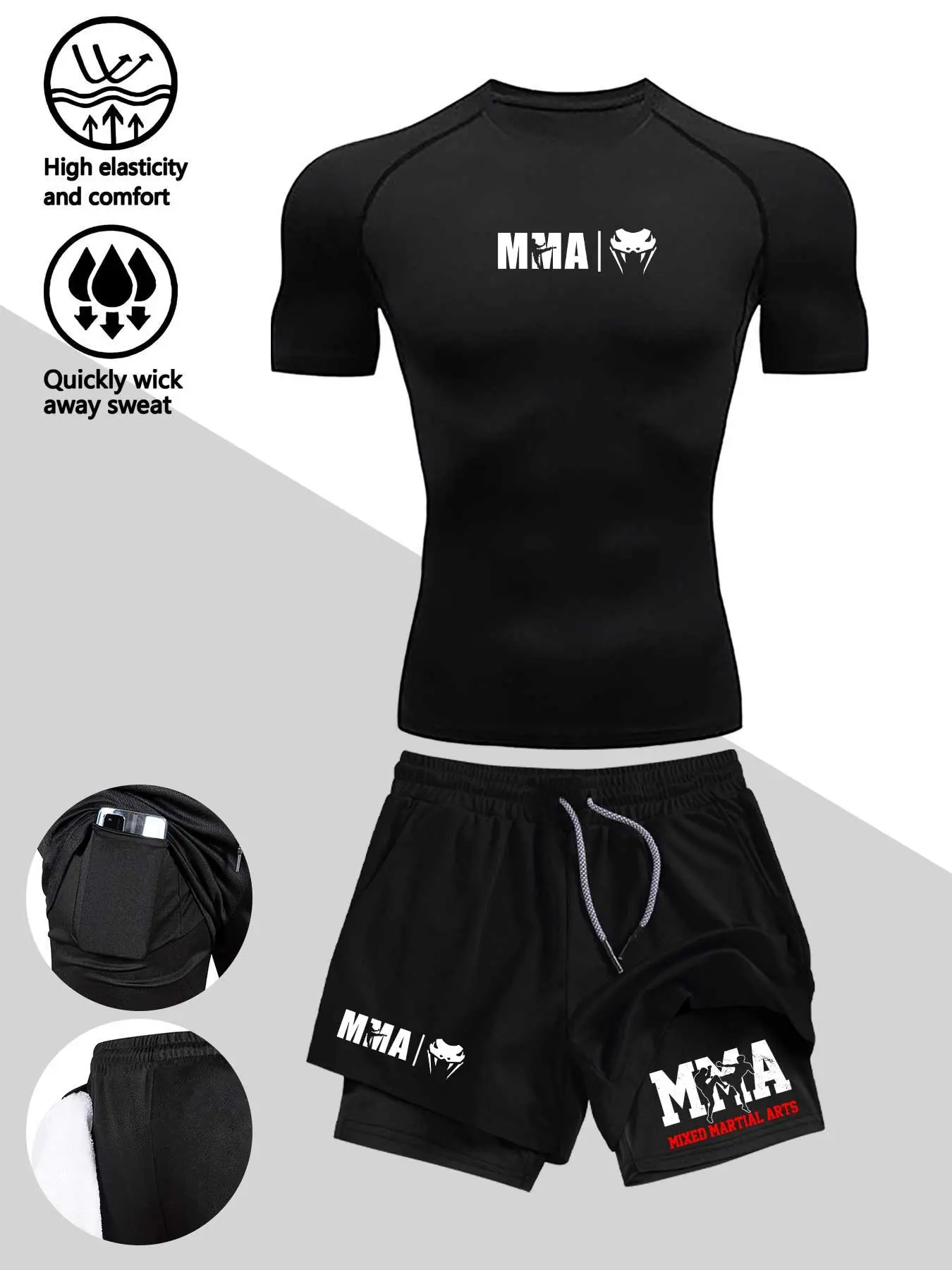 Men's Sporty Two-Piece Set, Athletic Workout Set, Tight-Fit Short Sleeve Snake Head Mma Print Top, Multi-Pocket Knee-Length Shorts, Ideal for Running, Basketball, Gym