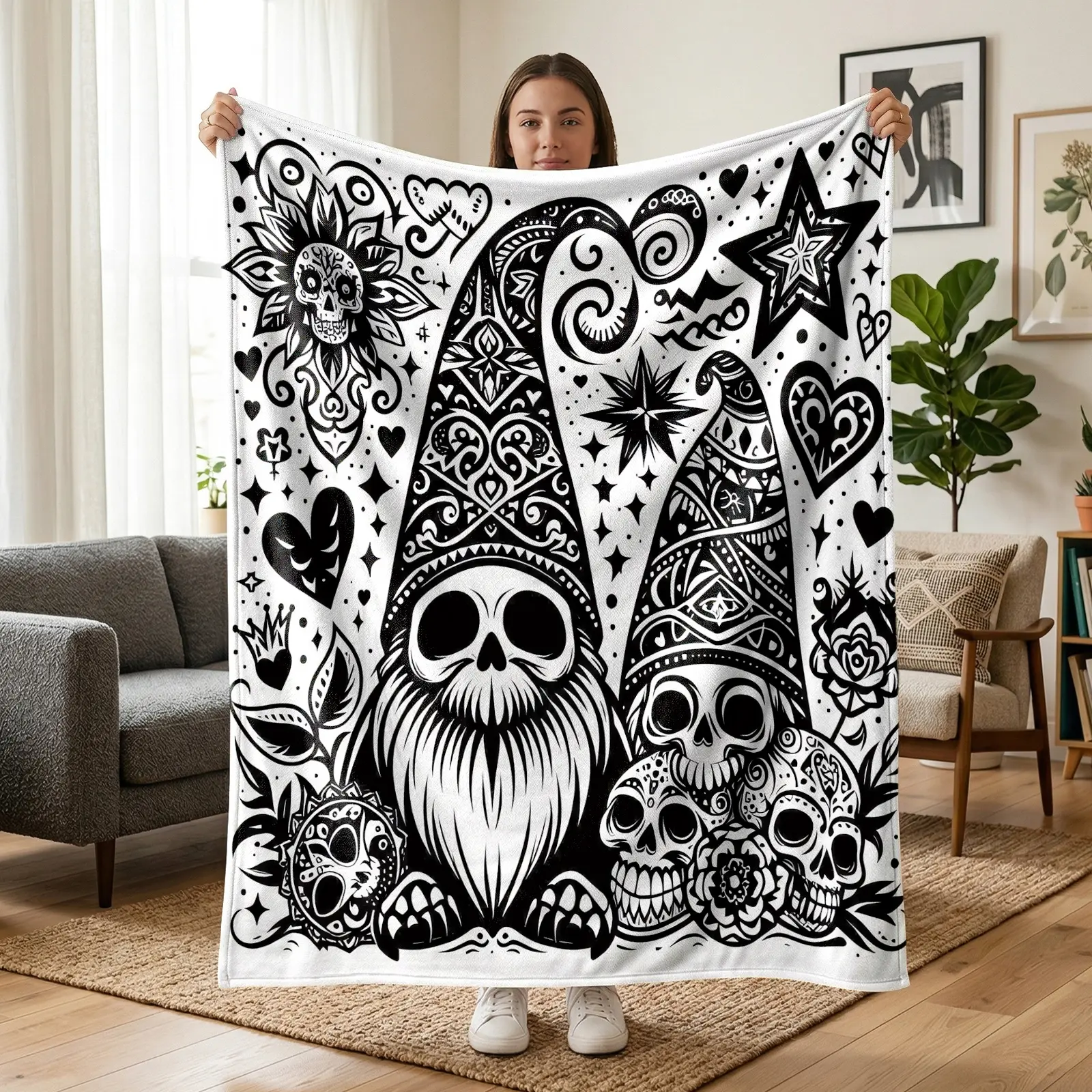 1pc Black White Line Art DIY Coloring Fleece Blanket (Markers Not Included), Stress Relief Colorable Day Of The Dead Throw, Detailed Line Drawing Gnome Sugar Skull Floral Design, Soft Portable For Sofa Bedroom Office Camping, Creative Halloween Gift