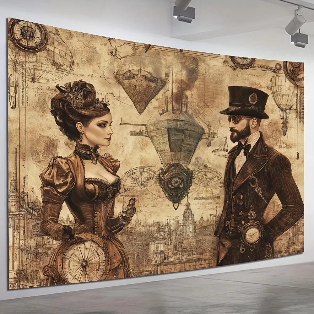 1pc 2D Flat Victorian Steampunk Print Textile Ornament - Artistic Textile Decor, Home Bedroom Decoration for Bedding, Linens, Blankets & Throws, Festive Displays, One-Piece, Printed