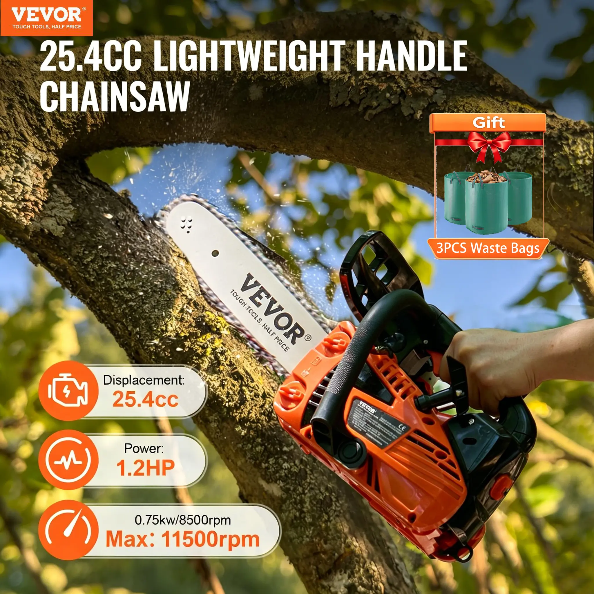 VEVOR Lightweight Steel Gas Chainsaw with 3 Waste Bags, 25.4cc Engine, 12" High-Strength Steel Chain Bar, 1.2 HP Work Tools, 11500 RPM Max Speed, Gasoline-Powered Handheld Tools and Gadgets, Dad Gift for Tree Cutting