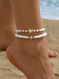 Bohemian Pearl Beaded Anklet Set, Layered Anklet, Ocean Wind Starfish Shell Anklet, Oceanic Theme, Perfect for Summer Beach Vacation, Gift Idea