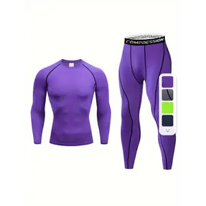 2pcs Men's Athletic Compression Set - Quick-Dry, High-Elasticity Long Sleeve Top & Leggings in Purple, Breathable Polyester Blend for Gym & Outdoor Activities, Spring/Autumn Essentials, Gym Accessories