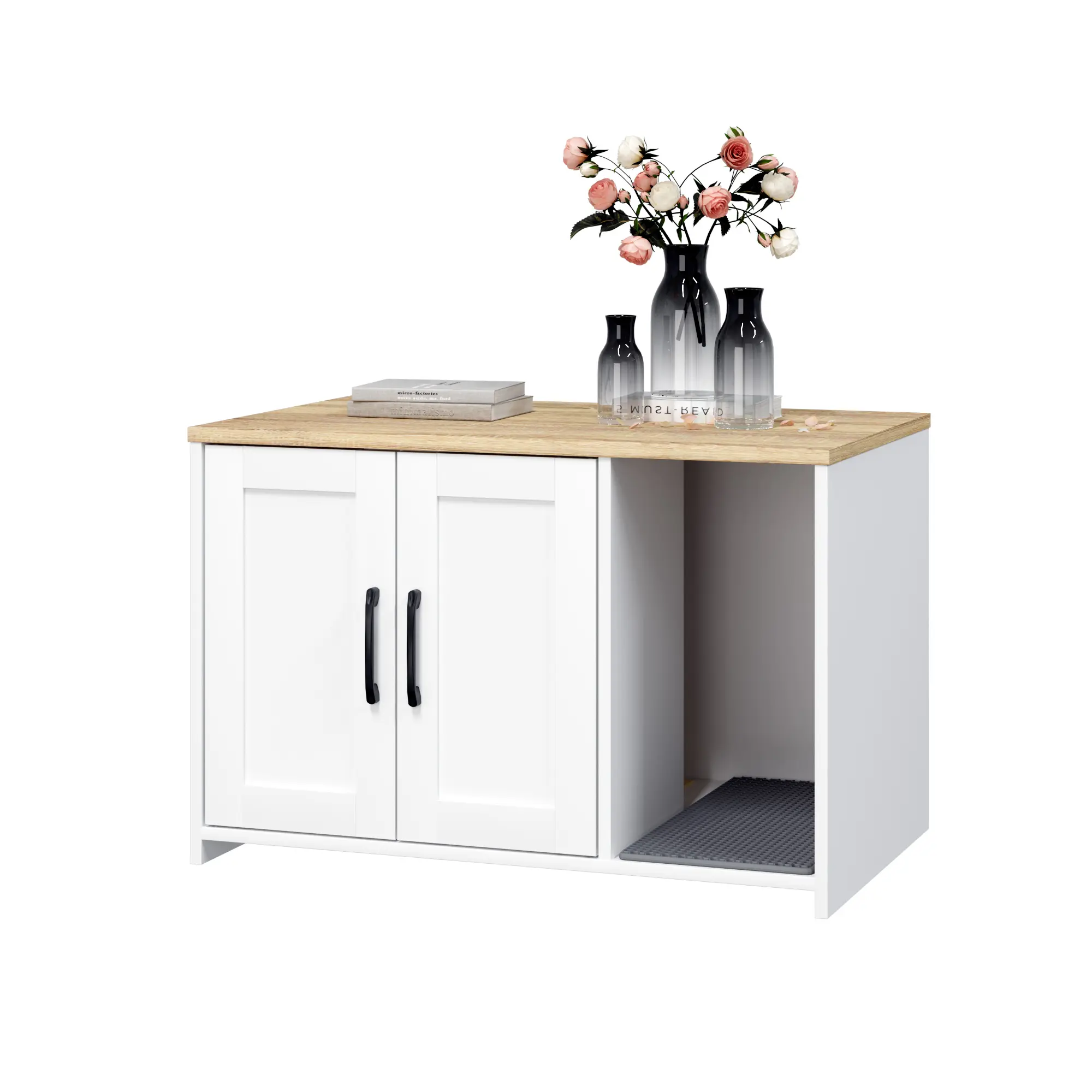 Hidden Litter Box Furniture with Odor Control, Enclosed Cat Litter Cabinet with Double Doors, Hidden Cat Washroom Side Table, Storage Top Furniture for Indoor Cats