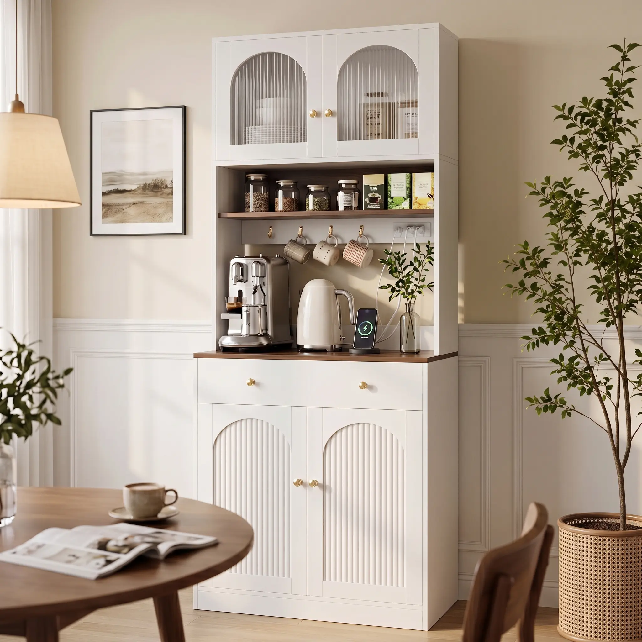 White & Walnut Patchwork Kitchen Pantry Cabinet - 70.9" Tall, with Microwave Countertop, Power Socket, Walnut Kitchen Furniture for Home