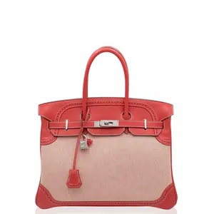 Pre-owned Hermes leather Tote Bags Birkin 35 Toile 9M Sanguine (0225m0)
