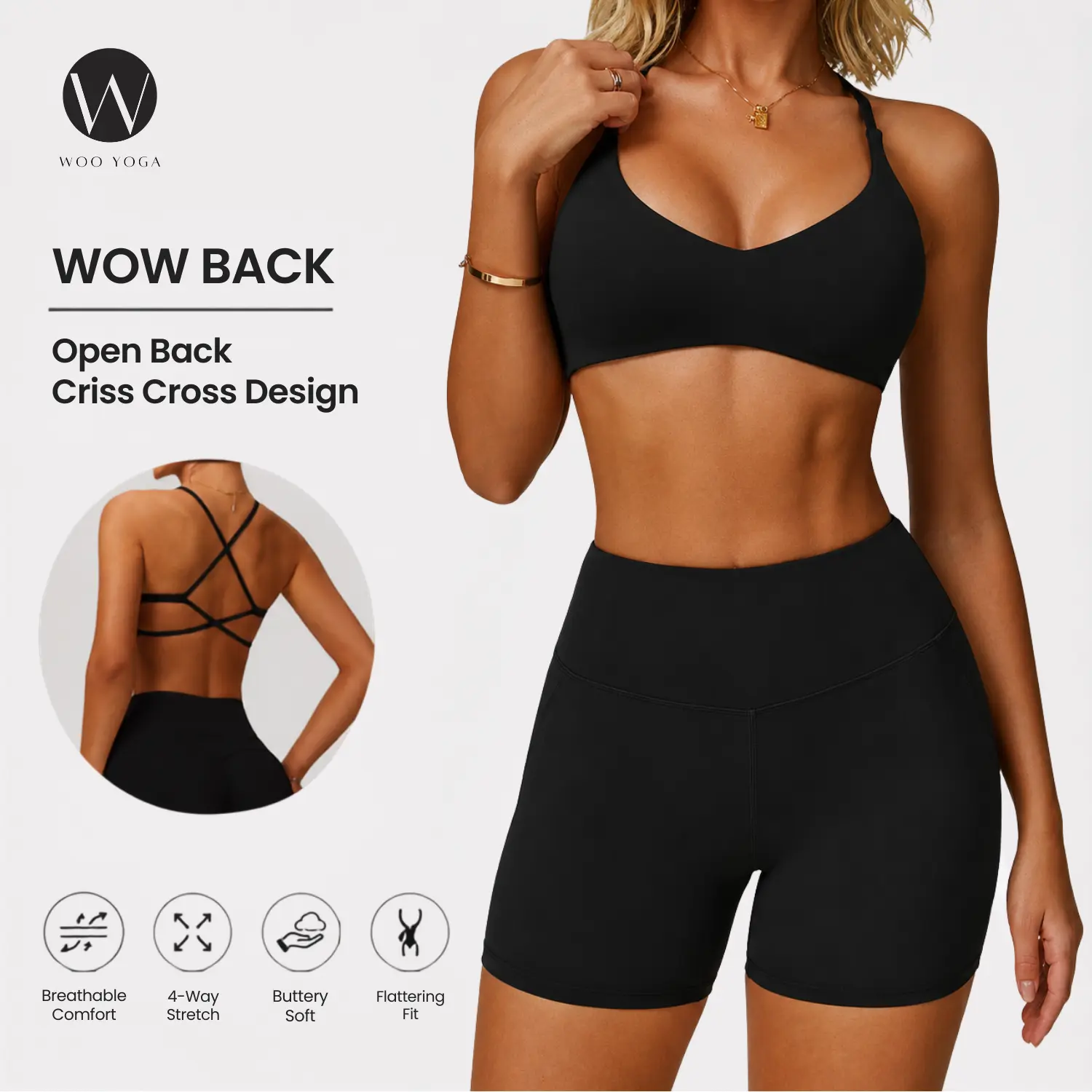 WOO YOGA Criss Cross Sports Bra for Women, Backless Yoga Bra with Removable Pads, Soft Stretch Low Impact Workout Bra, Strappy Athletic Bra for Pilates, Gym & Activewear