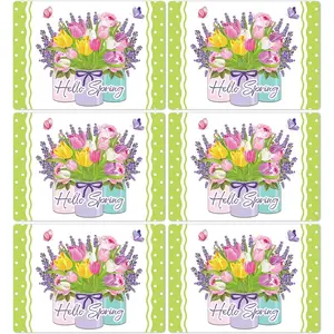 Set of 6 Spring Easter Placemats Washable Vinyl Plastic Table Mats with Tulip Flower Vase Design for Indoor Outdoor Party Kitchen Dining Table Decoration