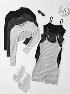 Women's Solid Ribbed Crop Top & Romper Set, Casual Basic Fashion Cozy Top & Romper for Daily Outdoor Wear, Ladies Clothes for All Seasons