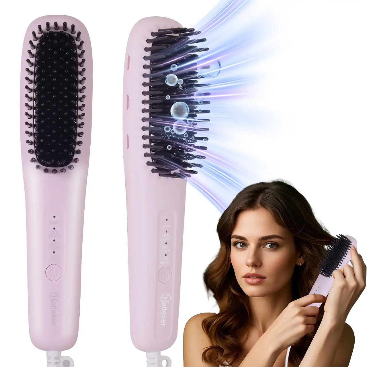 HATTEKER Thermal Brush Smoothing Shine Frizz Control 3-in-1 Hair Straightener Hot Comb with Negative Ions, Keratin Coated for All Hair Types, Portable Cordless, 3 Heat Settings, Fast Heating, Anti-Scald for Travel & Touch-Ups