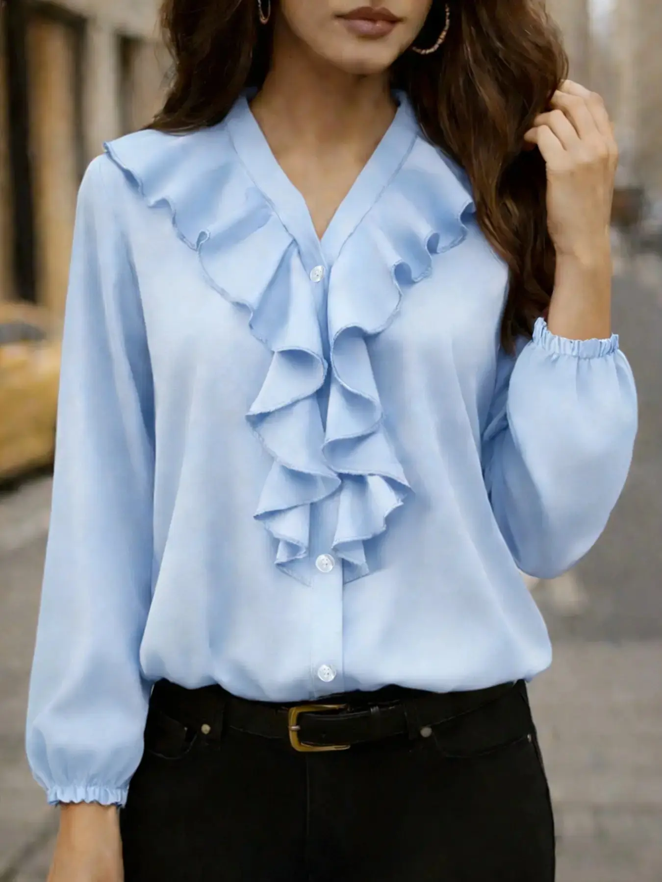 Women's French-style pleated Fitted Top blouse Button Front Casual Ruffle Long Sleeve with classic layered ruffles, a stylish and comfortable everyday choice, Button Up Blouse All Seasons Blouse, Womenswear