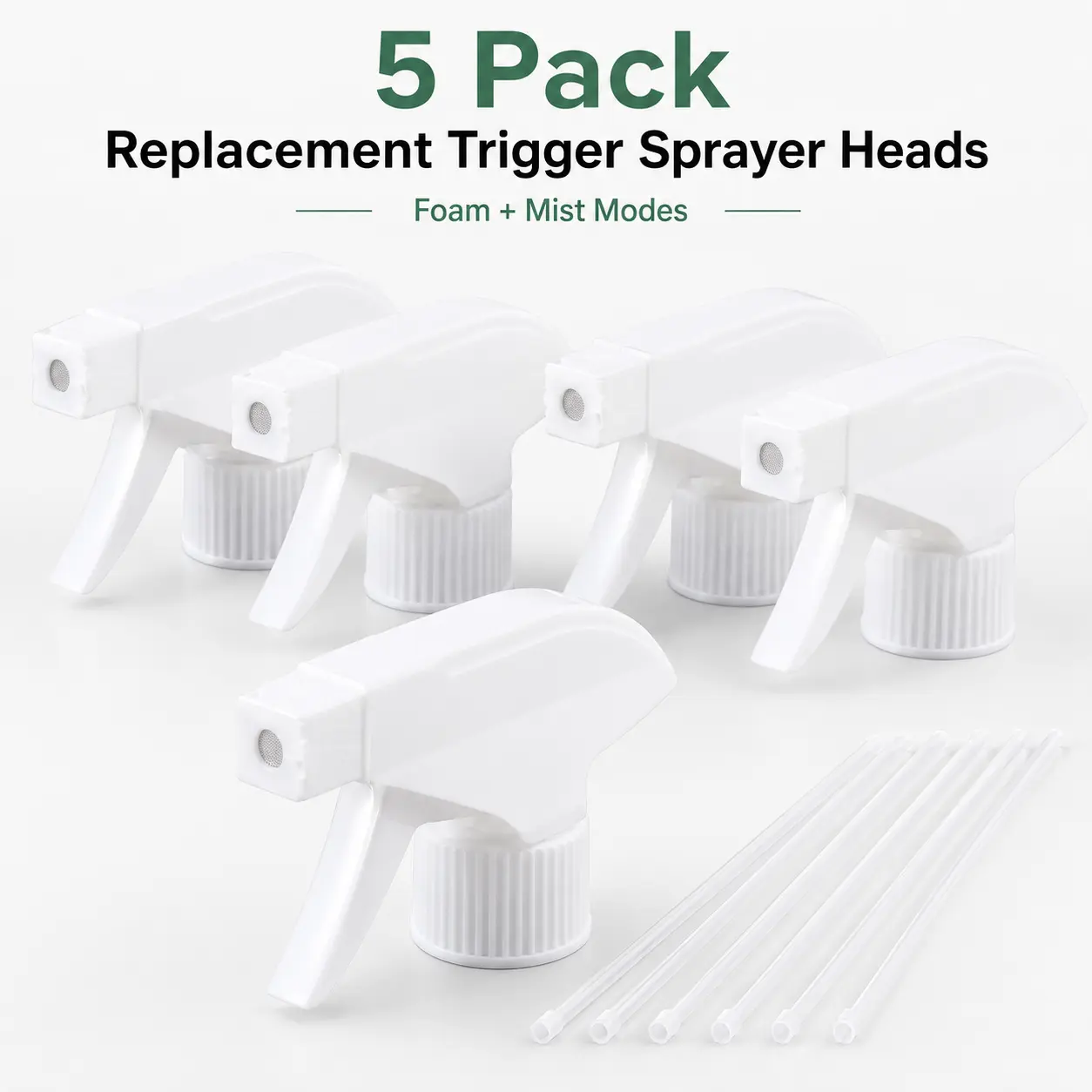 5 Pack Replacement Trigger Sprayer Heads with Pickup Tubes, Foam and Mist Spray Nozzle Replacement for Most Cleaning Bottles and Refill Bottles