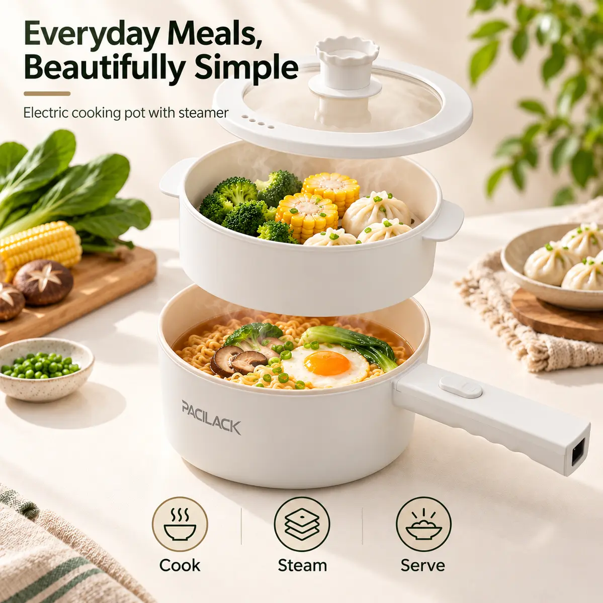 1.7L Portable Electric Cooker 2 in 1 White Electric Pot with Steamer Basket and Visible Glass Lid; Multifunctional Hot Pot & Skillet; Fast Heating Non Stick Cooker Suitable for Daily Cooking (Eggs, Noodles, Soup, Steaming, Family Breakfasts, etc.)