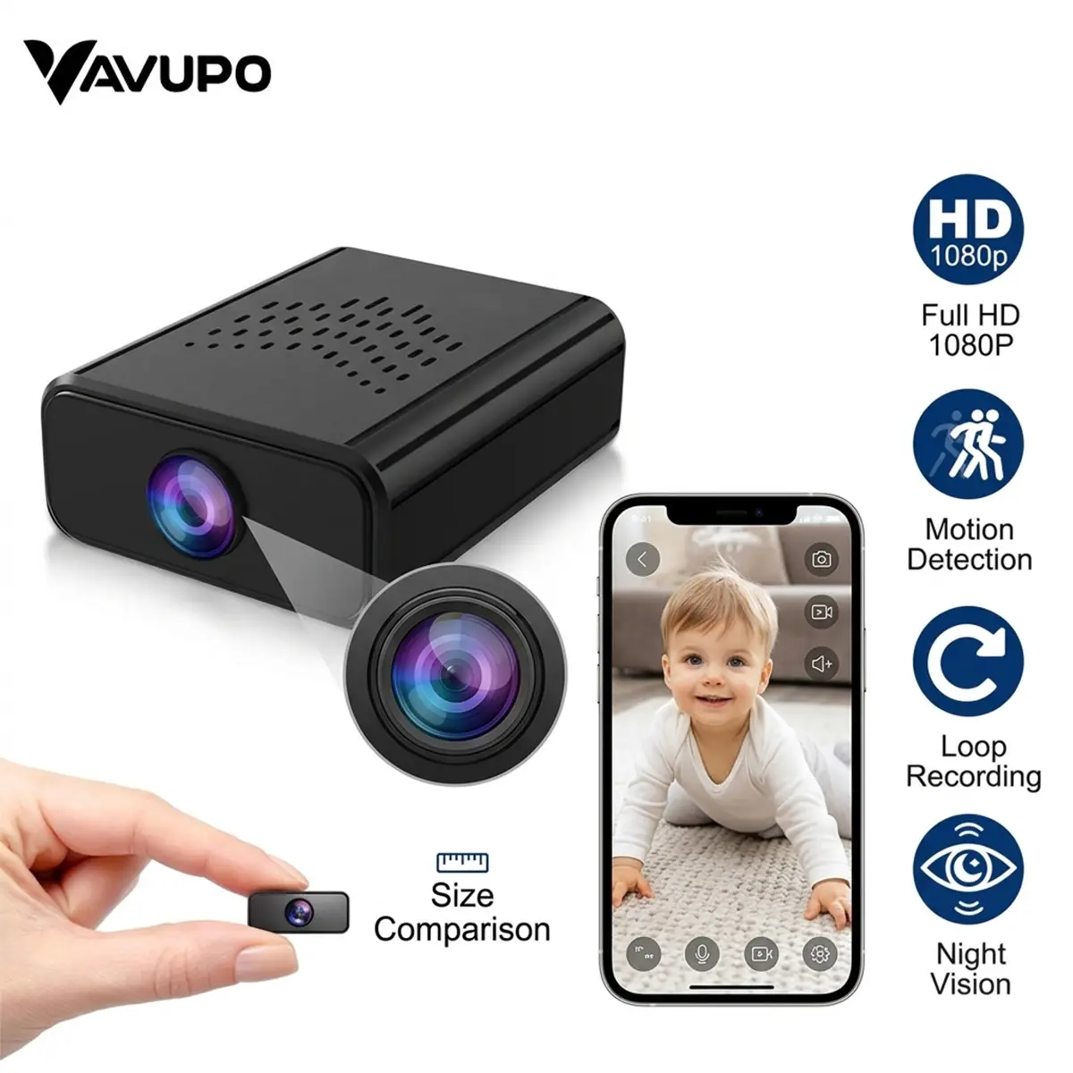 VAVUPO Mini Spy Camera for Baby, Pets & Home. Battery Operated Hidden Nanny Cam with 1500mAh High Capacity. Small, Portable Wireless Camera with Motion Detection, Night Vision. Free 32GB SD Card Included