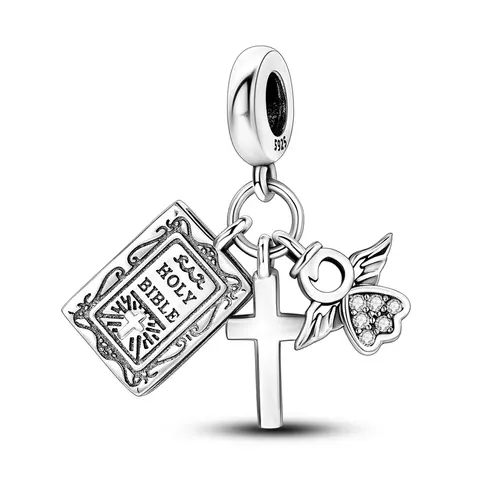 MULA Silver-Plated Hypoallergenic Bible Motif Cross Pendant - Angel Detail, Zircon Decor, Unisex Charm for Cross Necklace Women, Daily Wear Jewelry for Bracelets