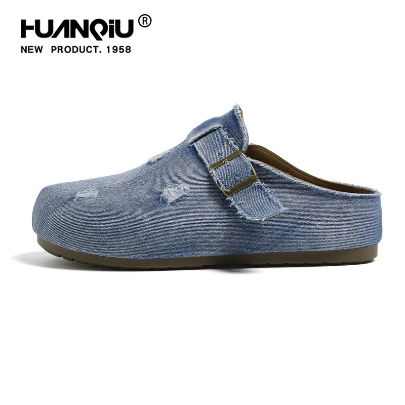 HUANQIU Men's Distressed Closed-Toe Slip-On Casual Mules – featuring vintage denim with a raw-edge design, adjustable buckle strap, and comfortable insole; a stylish, casual choice for everyday wear, outdoor activities, and street-style looks.