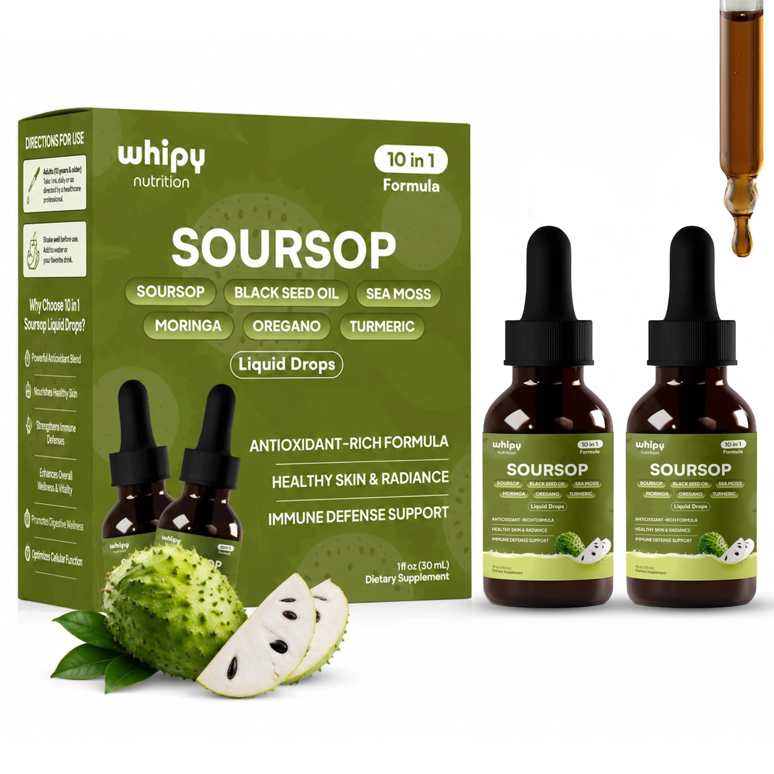 Whipy Nutrition Soursop Bitters Liquid Organic 10 in 1 Soursop Moringa Oregano Turmeric Black Seed Oil Drops Seamoss Ashwagandha Chlorophyll 2 Pack Soursop Liquid Drops Immune Support Detox Supplement