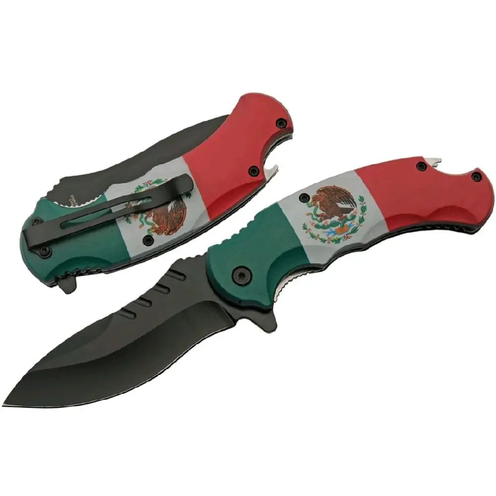Spring Assist Open Pocket Knife Mexican Flag Bottle Opener Belt Clip Cinco De Mayo