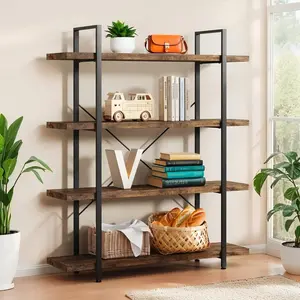 4-Tier Industrial Bookcase, 47 Inch Wide Wood Bookshelf, 120lbs Shelf Capacity, Rustic Open Shelving Heavy Duty Display with Reinforced Horizontal Brown Shelves for Living Room Bedroom Office