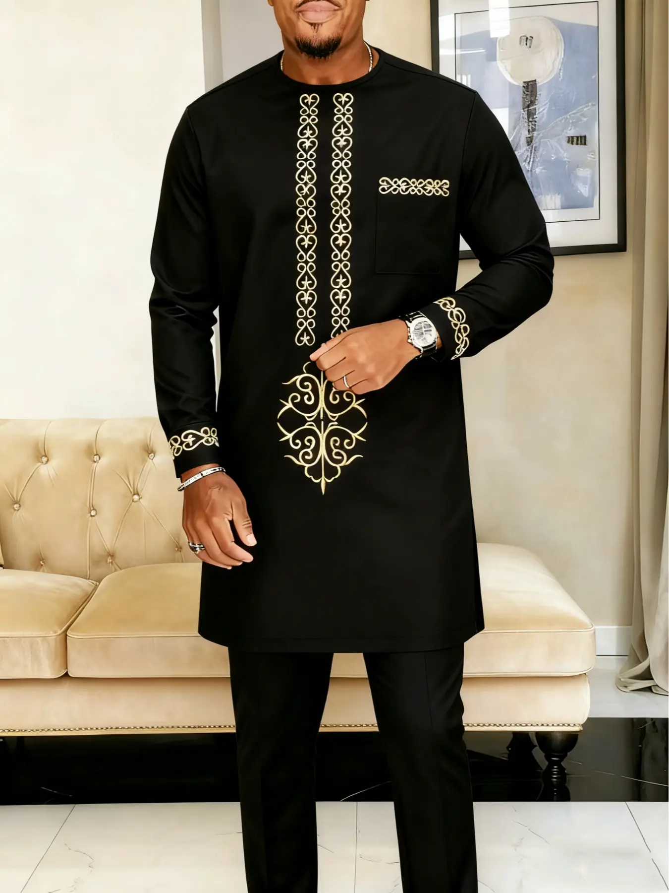 2 Piece Men's Suit Muslim Style Modest Round Neck Long Sleeve Embroidery Design Kaftan Thobe African Men's Casual Suit Wedding Holiday Party Business Ramadan Gift Men's Traditional Clothing For Muslim Modesty