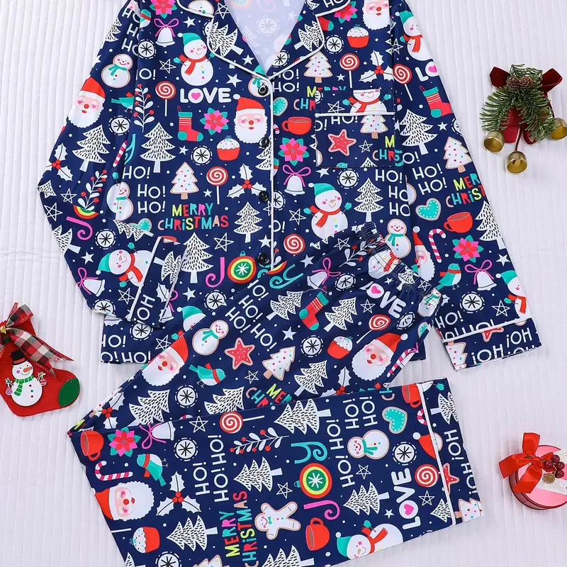 2-piece set of Christmas letters, Santa Claus socks, Christmas tree print, long sleeved pants, soft and comfortable, Knitted, skin friendly and smooth top, small pocket, button closure, elastic waistband, suitable for all seasons, home decor, casual wear