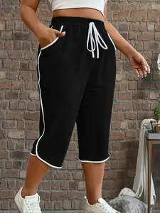 【Plus Size】 Solid Color Striped Trim Drawstring Waist Shorts, Casual Comfy Breathable Pocket Shorts for Daily Wear, Women's Bottoms for Spring & Summer