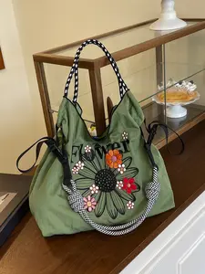 Daily fresh retro garden style embroidered tote bag, lightweight and large capacity multifunctional versatile shoulder bag, easy to carry and foldable, suitable for shopping, picnicking, commuting, shopping, Handmade Tote Bag
