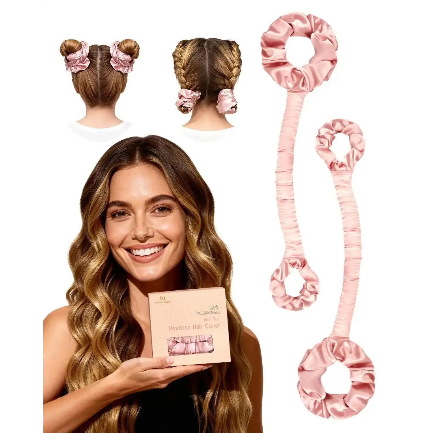 BONNET QUEEN Heatless Hair Curler 2-Piece Set - Medium Size Satin Rollers with Soft Sponge, Secure Hold & Wrap-Tight Design, Overnight Sleep-In Hair Tool for Bouncy Heatless Curls & Overnight Blowout Rods (Cream Pink),summervibes