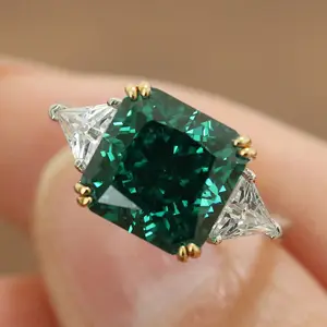 Radiant Cut Three Stone Wedding Ring Sides Two Triangle Engagement Ring Three Stone Paraiba Sterling Silver Engagement Ring Double Prongs Anniversary Gift Ring for Hr s925 sterling silver vintage artificial zircon ring