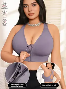 Plus Size 1-4XL Women's Front Zip Backless Sports Bra, Criss Cross Shoulder Straps, Medium Support, Yoga Workout, Casual Daily Wear, Strappy Workout Bra