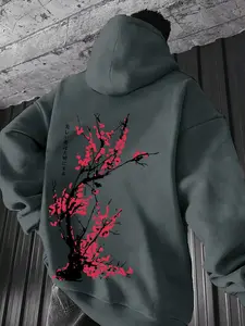 Unisex Floral Print Drop Shoulder Hoodie, Fashion Casual Regular Fit Drawstring Pocket Hooded Sweatshirt for Daily Holiday Outdoor Wear, Men Clothes for Fall & Winter, Floral Hoodies, Drawstring Hooded Top