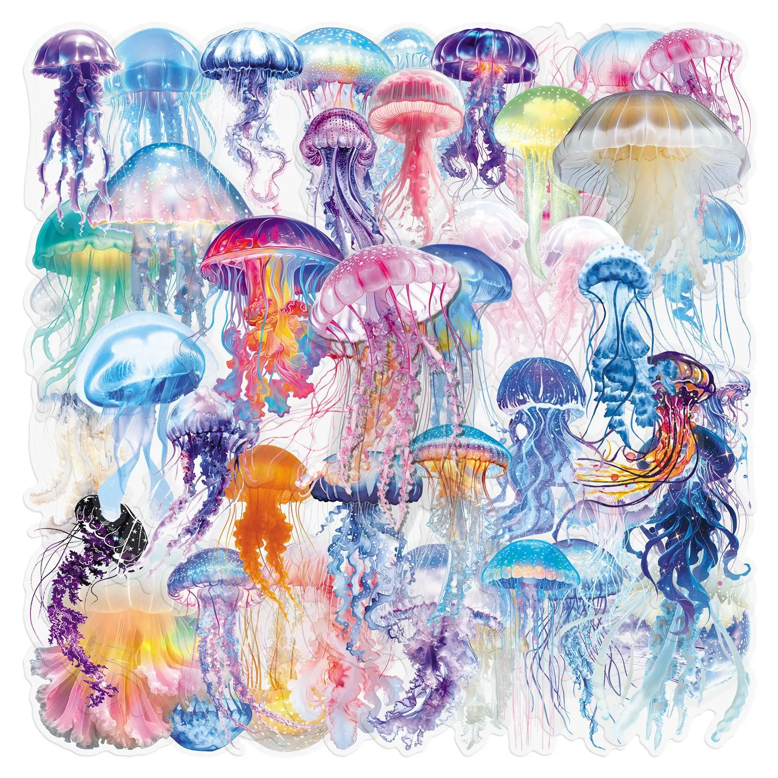 50 Cute Jellyfish Painted Graffiti Stickers in Transparent PET Material. Suitable for Luggage, Phone Cases, Laptops, Helmets, Skateboards, Waterproof Decorations, DIY Creative Stickers.