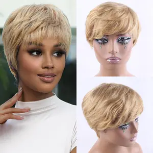 Unipearl Short Honey Blonde Pixie Cut Human Hair Wig with Bangs 180% Density Blonde Layered Wavy Wigs for Women (27#)
