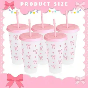 1/5/10Pcs 24oz/710ml Pink Bow Heart Plastic Cups With Lids & Straws, Reusable Cute Clear Tumblers, 710ml Large Capacity, Perfect For Birthday, Wedding, Party, Coffee, Iced Drinks, Ideal Gift For Mother's Day, Halloween, Christmas