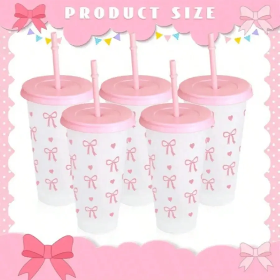 1/5/10Pcs 24oz/710ml Pink Bow Heart Plastic Cups With Lids & Straws, Reusable Cute Clear Tumblers, 710ml Large Capacity, Perfect For Birthday, Wedding, Party, Coffee, Iced Drinks, Ideal Gift For Mother's Day, Halloween, Christmas