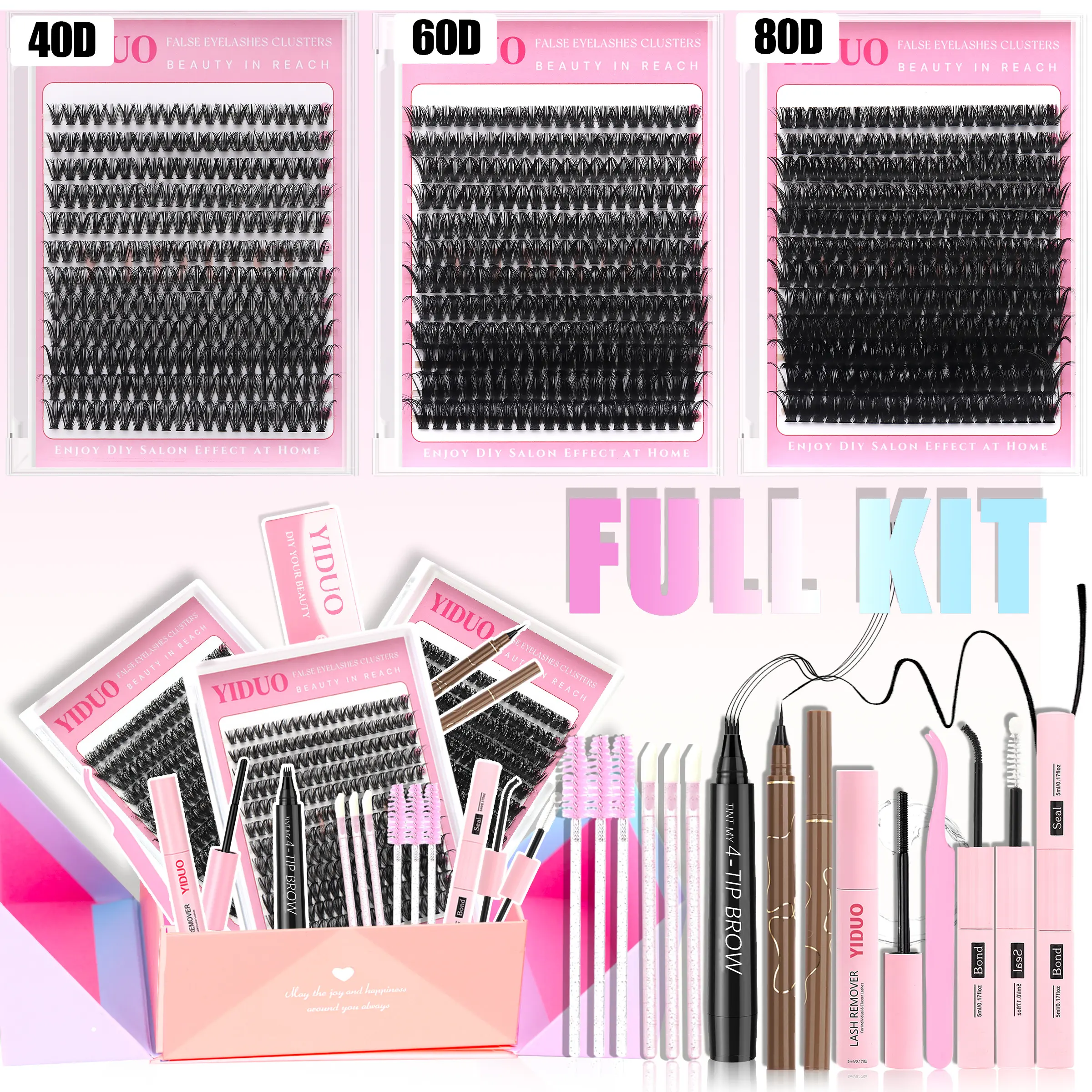 YIDUO Lash Clusters Gift Kit 40D+60D+80D Lashes Extensions with Bond and Seal Kit, 4 Tip Brow, Waterproof Eyeliner, Eyelash Brush, Wispy Volume Set, Diy Volume Eyelashes, 10-18mm Natural Wispy Long-Lasting DIY Eyelash Extensions Set