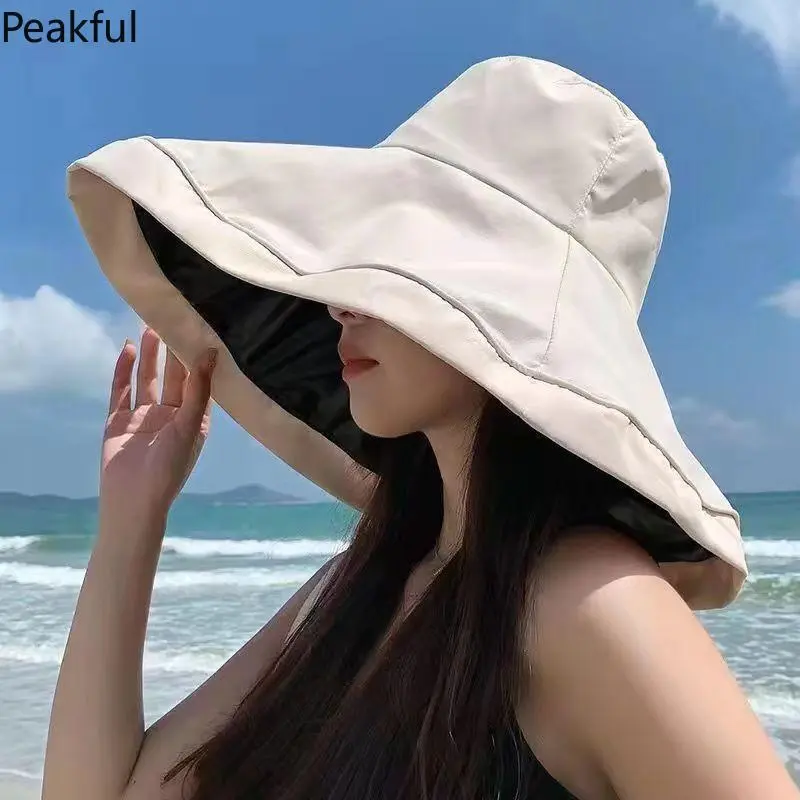 Sun Hat For Women Fashion Summer Beach Large Brim UV Protection Solid Color Sun Hat Bucket Hat Women Cap Fisherman Hat
